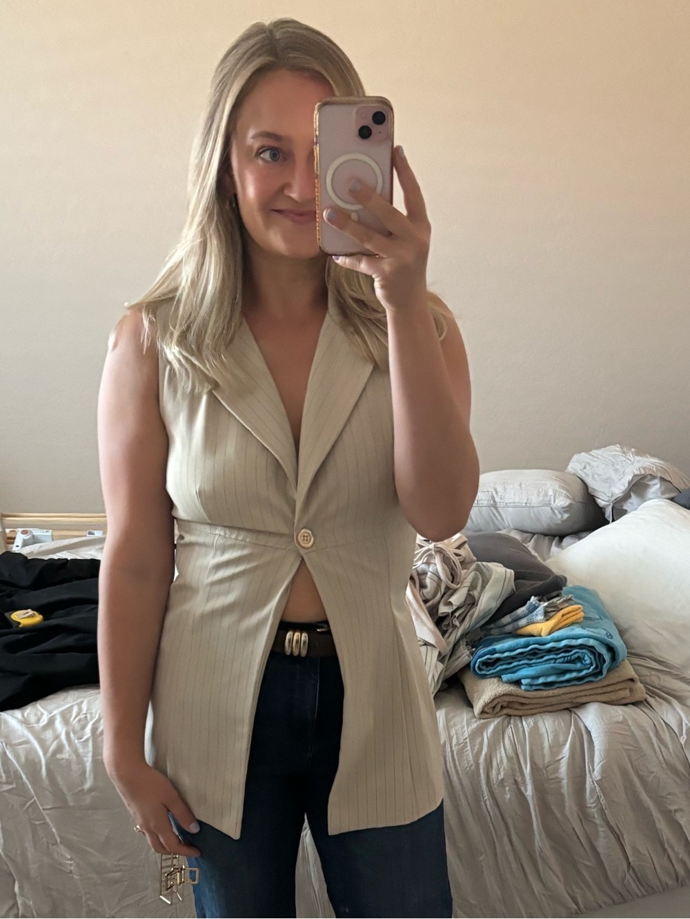 B Darlin Pinstripe Waistcoat Collared sleeveless Top
